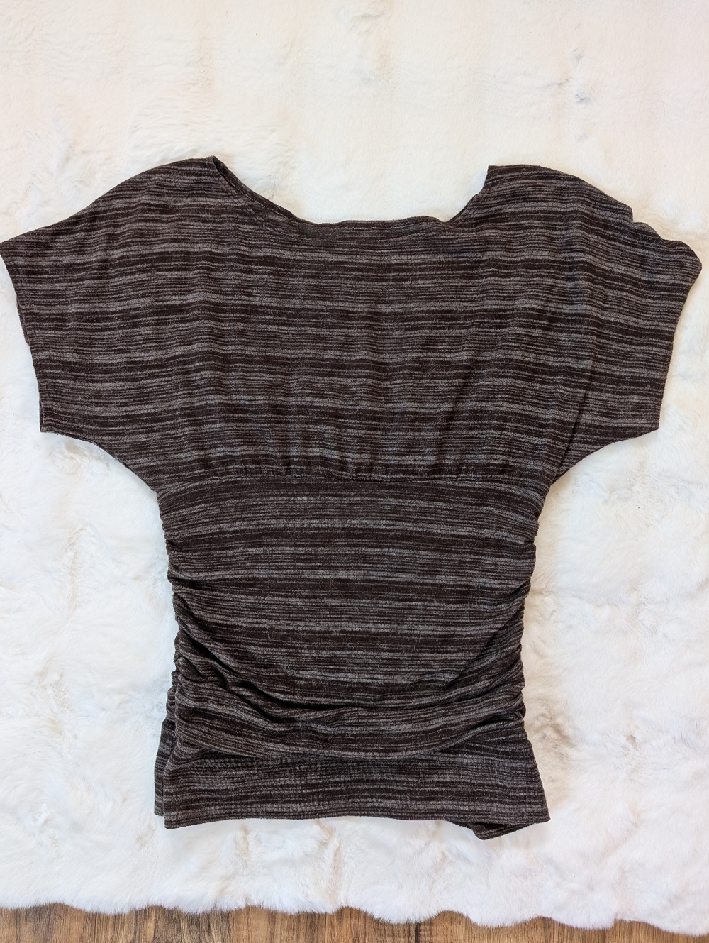 Vintage Y2K BCX Women’s Short Sleeve Ruched Cinched Waist Top - Brown Stripe